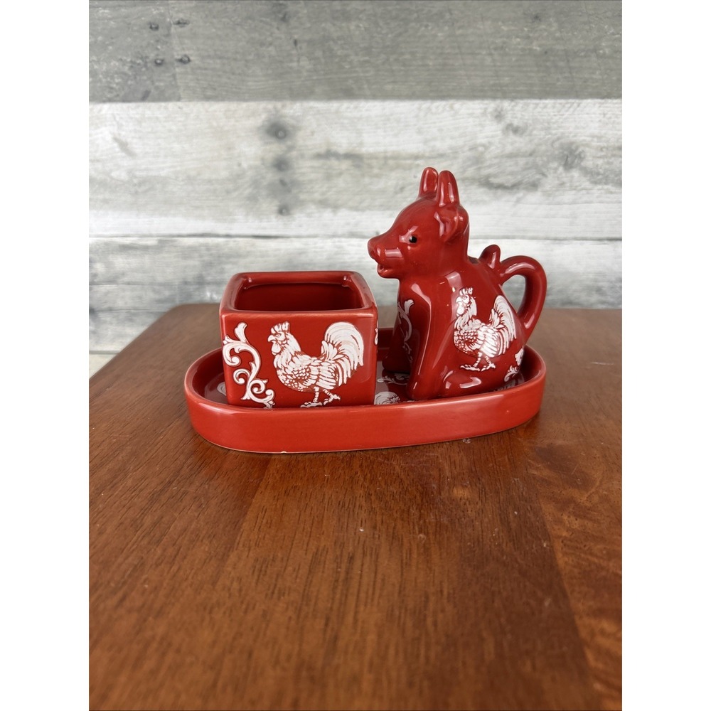 Red/White Rooster Ceramic Creamer & Sugar Set w/ Lid & Tray, Glossy